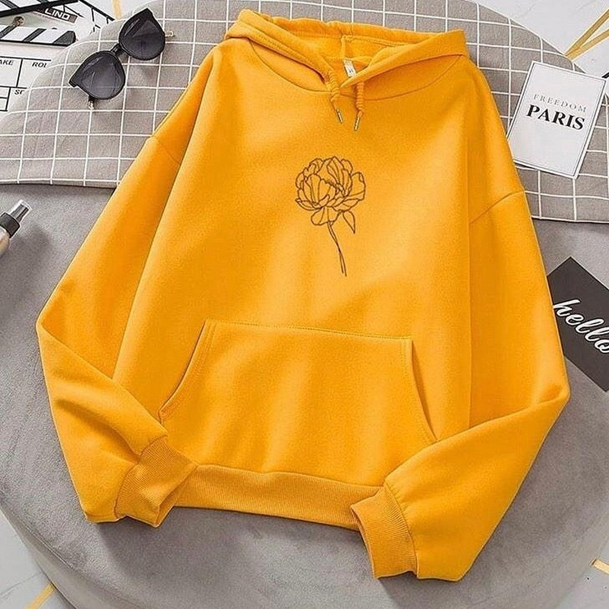 Yellow Flower Printed Fleece Full Sleeves Pull Over Hoodie For Women