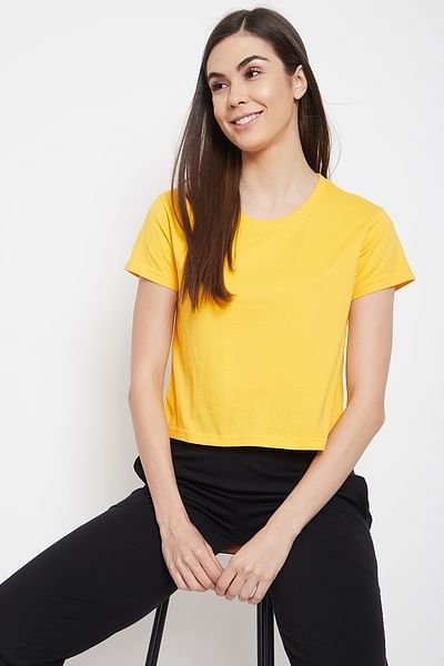 Basic Cropped Casual Tee in Yellow - 100% Cotton