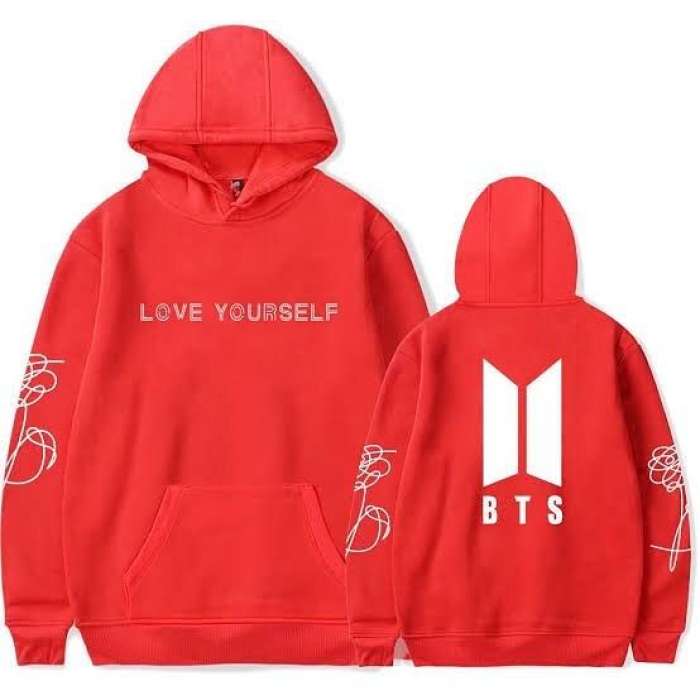 BTS Printed Fleece Hoodie For womens - AceCart Warm Hooded Sweatshirt in Red