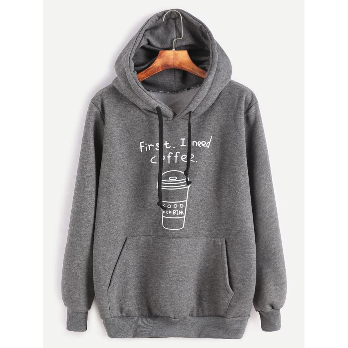 First I Need Coffee Charcoal Fleece Full Sleeves Pull Over Hoodie For Women