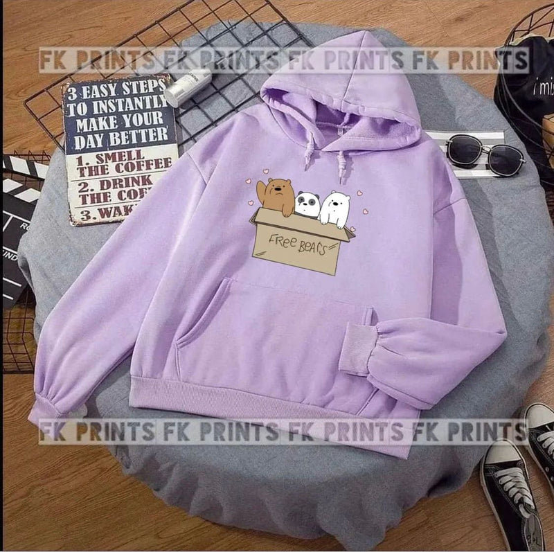 Free Bear Printed Fleece Full Sleeves Pull Over Hoodie For Women