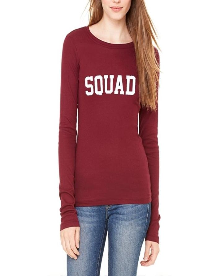 Maroon Cotton Squad Printed T-Shirt For Her - Front View - AceCart