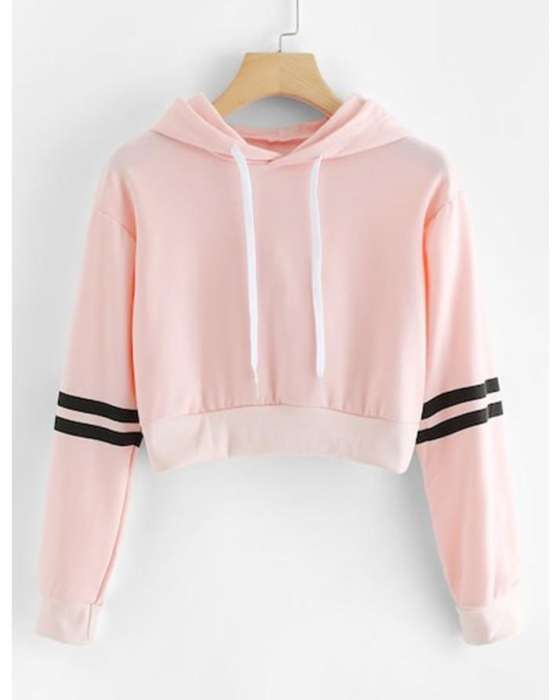 PINK STRIP ON ARM CROPPED HOODIE FOR womens 504 - AceCart Warm Hooded Sweatshirt in Pink