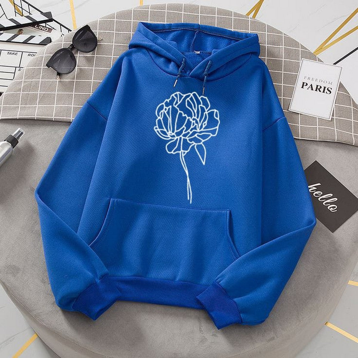 Flower Royal Blue Fleece Full Sleeves Pull Over Hoodie For Women