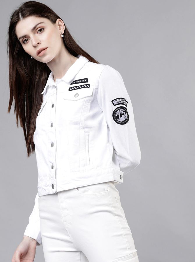 Women White Solid Jacket  - Front View - Available in Sizes S