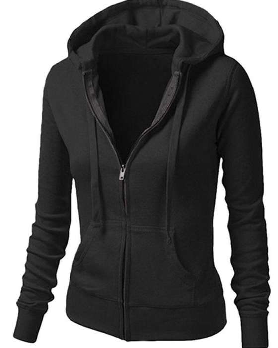 Fleece Simple Zipper For Women Black - AceCart Warm Hooded Sweatshirt in Black