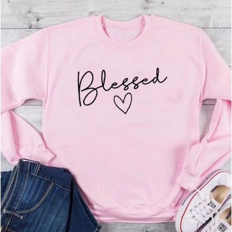 Pink Blessed Printed Fleece Full Sleeves Pull Over Sweatshirt For Women