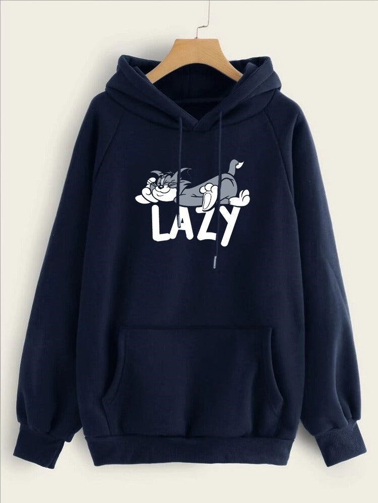 Lazy Tom Printed Fleece Full Sleeves Pull Over Hoodie For Women