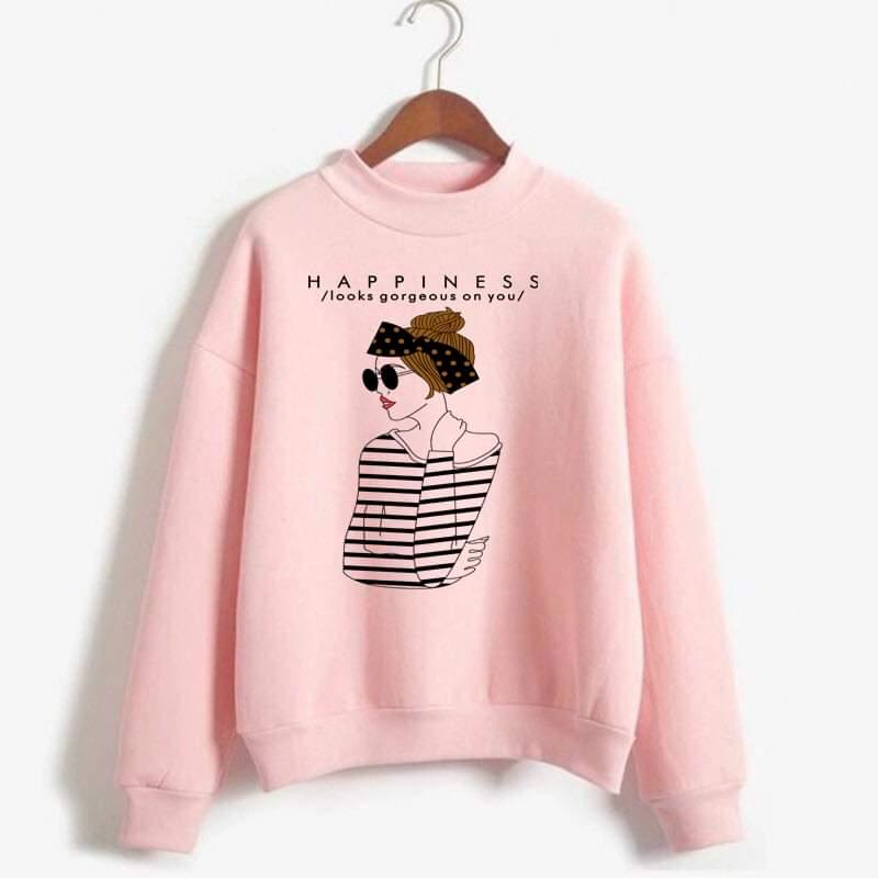 Happiness Printed Fleece Ribbed Neck Fullsleeves Pullover Sweatshirt