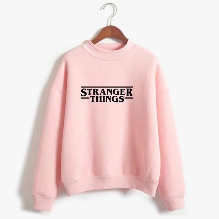 BABY PINK Strangers Things Fleece Printed Sweatshirt For Women - AceCart Warm Hooded Sweatshirt in Pink