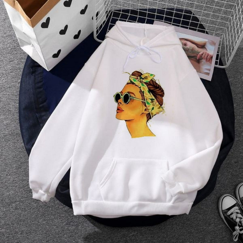 White Trendy Girl Printed Fleece Full Sleeves Pull Over Hoodie For Women