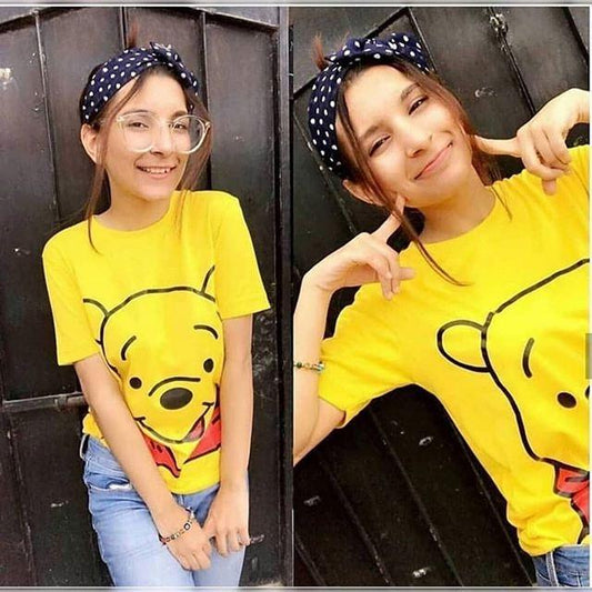 Yellow Pooh Cotton Printed T-shirt For Womens - Front View - AceCart