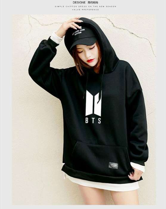 Fleece Cotton BTS Hoodie For Women 981 - AceCart Warm Hooded Sweatshirt in Black