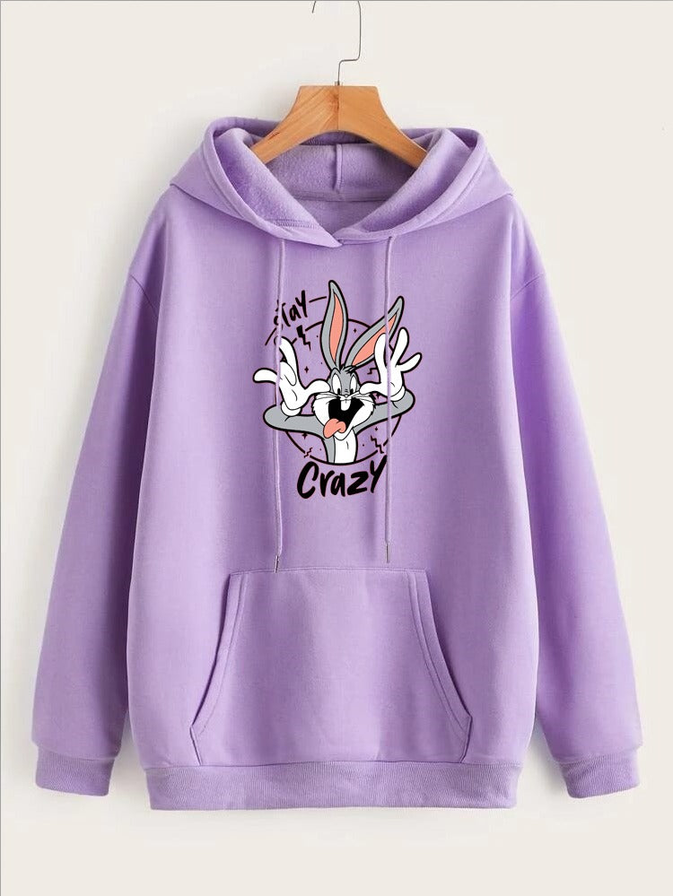 Stay Crazy Bugs Bunny Printed Fleece Full Sleeves Pull Over Hoodie For Women