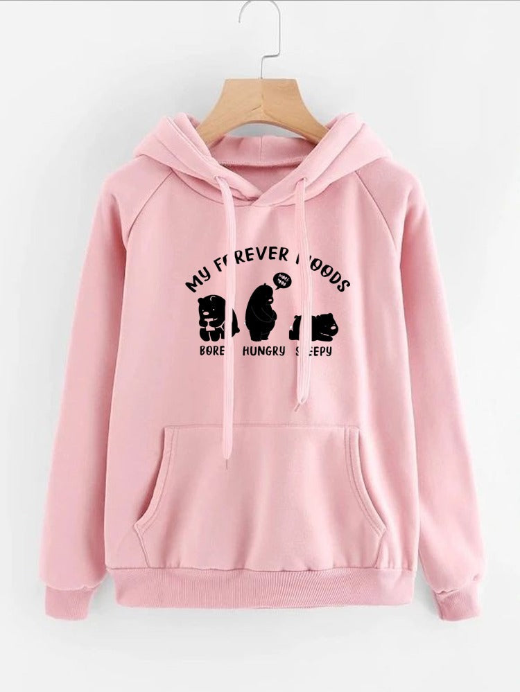 My Forever Moods Bear Printed Fleece Full Sleeves Pull Over Hoodie For Women