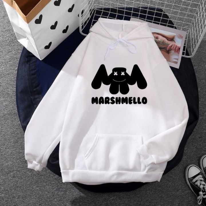 White Marshmello Fleece Full Sleeves Pull Over Hoodie For Men