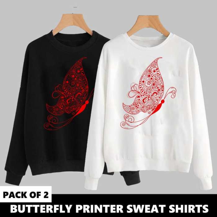 PACK OF 2 BUTTERFLY PRINTED SWEAT SHIRTS - AceCart Warm Hooded Sweatshirt in Black